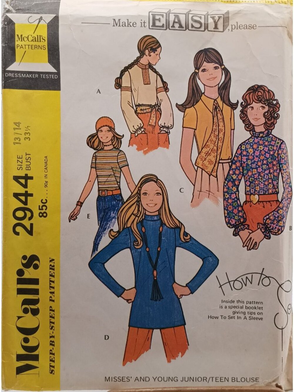 McCalls 2944 Misses & Junior/Teen Blouse Sewing Pattern Size 13/14 Bust 33 1/2
